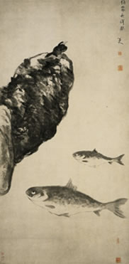 湖石魚鳥圖軸